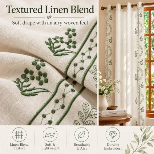 Green Embroidered Grommet Curtains, 55 in Wide, 2 Panels - color: Grass Greenn, size: 55"W x 63"L (Pack of 2)