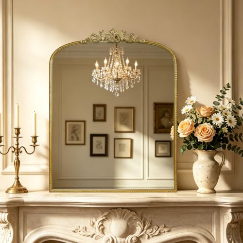 HOMECOOKIN Vintage Arched Gold Mirror, Antique Baroque Mirror, 36"X28" Wall Mirror with Ornate Frame, Antique Brass Mirror for Bathroom Vanity, Living Room, Fireplace, Entryway, Hallway, Home Decor - color: Gold, size: 36"L x 28"W