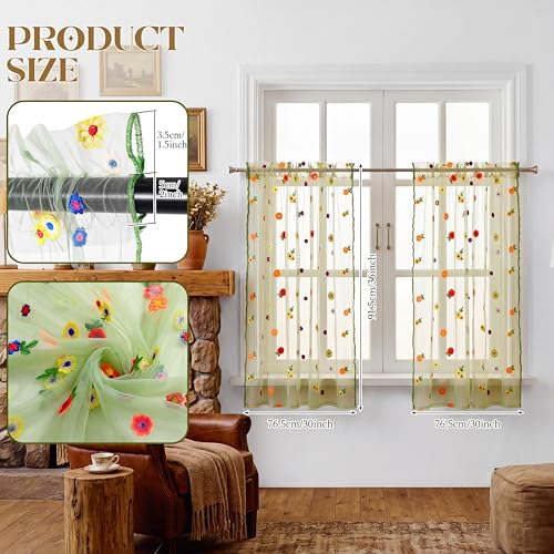 Gilprop Sage Green Floral Sheer Curtains for Window Embroidery Daisy Curtain Length 2 Panels Farmhouse Florals Vintage Seasonal Decor for Spring Summer Women Bedroom Living Room, 30 x 36 Inches - color: Sage Green, size: 30 x 36 Inches