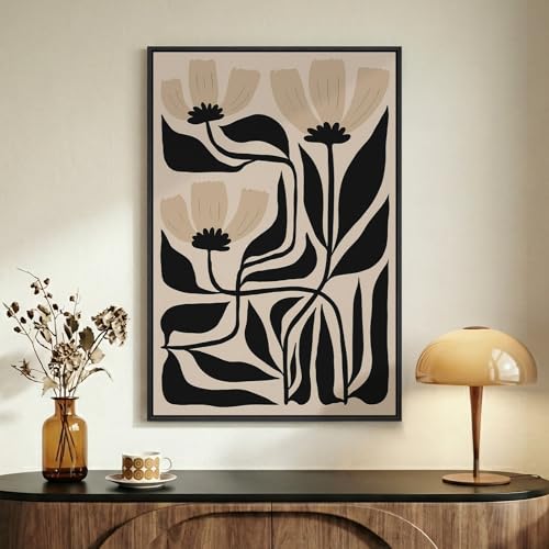 Framed Boho Neutral Abstract Floral Wall Art for Living Room, 24x36 Inch - color: Neutral Black Beige, size: 36"L x 24"W
