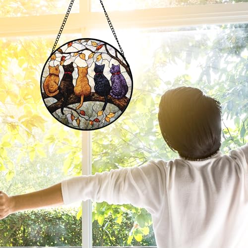 5 Cats on a Branch Stained Glass Window Hanging Suncatcher Gifts 6.3" - color: Black, size: 6.3x6.3 IN