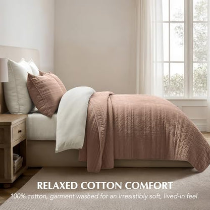 EVERGRACEHOME 100% Cotton Modern Lines Quilt Set Queen Size, Rose Dust - color: Rose Dust, size: Full/Queen (92" X 92")