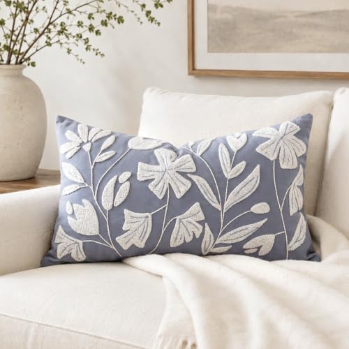 BlissBlush Decorative Lumbar Pillow Cover 12x20, Coastal Dusty Blue Accent Velvet Throw Pillowcase for Couch Sofa Living Room, Floral Tufted Rectangular Cushion, Cover Only - color: Dusty Blue, size: 20" x 12" (Pack of 1)