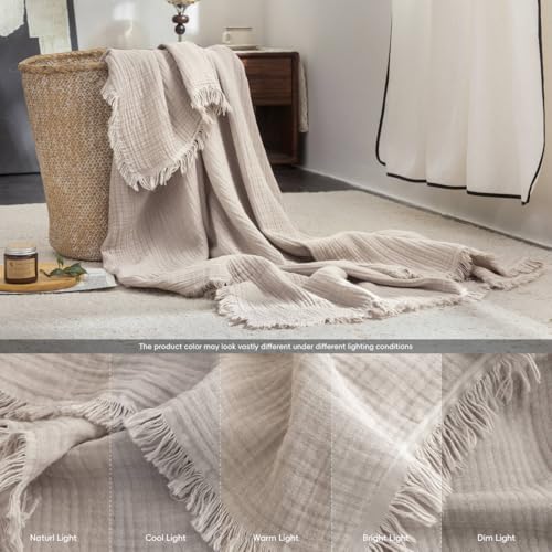 FOSSA Muslin Blanket 4-Layer 100% Cotton Gauze Blanket with Fringe 90"x90" - color: Beige Gray, size: Queen (90" × 90")