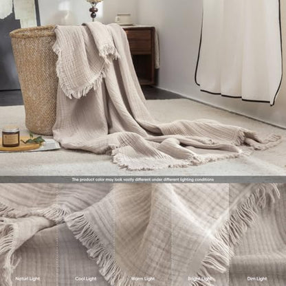 FOSSA Muslin Blanket 4-Layer 100% Cotton Gauze Blanket with Fringe 108"x98" - color: Beige Gray, size: Super King(108" × 98")