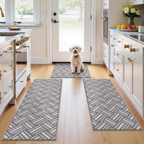 U'Artlines 3-Piece Kitchen Rug Set Basketweave Geometric Floor Mats - color: Basketweave Grey