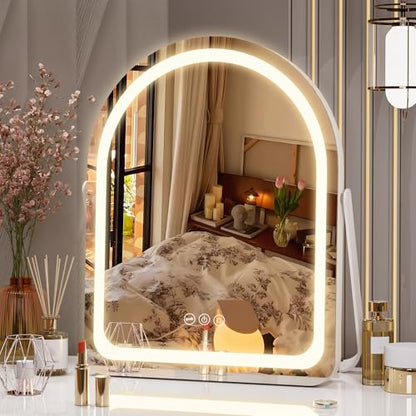 Hasipu Vanity Mirror with Lights, 11"× 14" Arched LED Makeup Mirror, Lighted Makeup Mirror with Lights, Smart Touch Control Dimmable 3 Modes Light 360°Rotation White - size: 11"L x 14"W