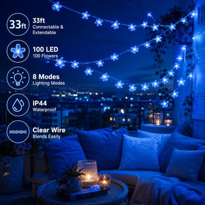Plug in Blue Flower String Lights, 33ft 100 LED Cherry Blossom Fairy Lights - color: Blue