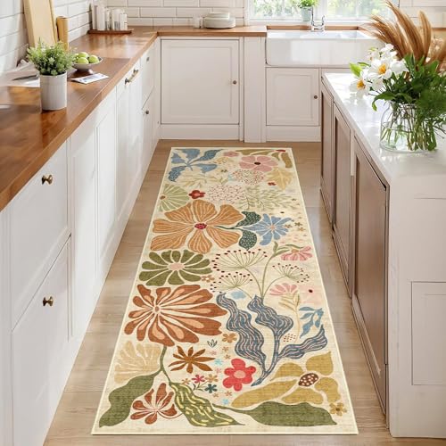 MUJOO Washable 2x6 Runner Rugs Floral Area Rugs Non Slip Low-Pile Beige - color: Beige, size: 2' x 6' (Rectangular)