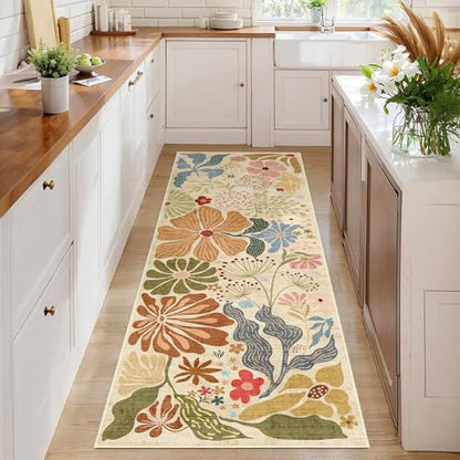 MUJOO Washable 2x6 Runner Rugs Floral Area Rugs Non Slip Low-Pile Beige - color: Beige, size: 2' x 6' (Rectangular)