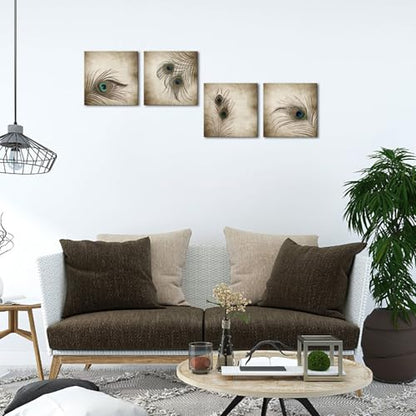 KLVOS 4 Panel Canvas Wall Art Vintage Style Peacock Feathers Picture Giclee Print Animal Artwork for Bathroom Living Room Home Art Ready to Hang