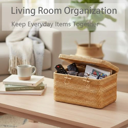 Rattan Storage Basket with Lid – 12×8×7.5 inch for Home - size: 12"×8"×7.5"
