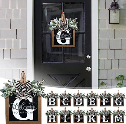 Last Name All Year Round Front Door Wreath with 26 Initial Letter Welcome Sign All Seasons Eucalyptus Garland and Bow ，Farmhouse, Porch, for Spring Summer Fall All Seasons Holiday Halloween Christmas.（G） - color: G