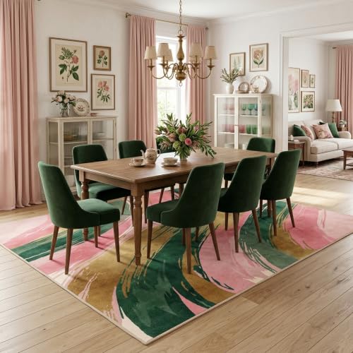 6x9 Pink and Green Area Rug, Modern Abstract Brushstroke Design - color: Pink/Green/Gold, size: 6' x 9' (Rectangular)