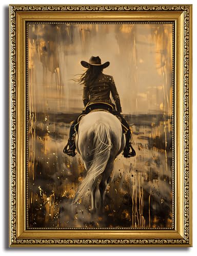 HNNXAR Gold Framed Wall Art Western Cowgirl Wall Canvas Art Decor Equestrian Rider Paintings Cowboy Pictures Horse Prints Vintage Artwork for Bedroom Living Room - color: Cowgirl, size: 16"L x 12"W