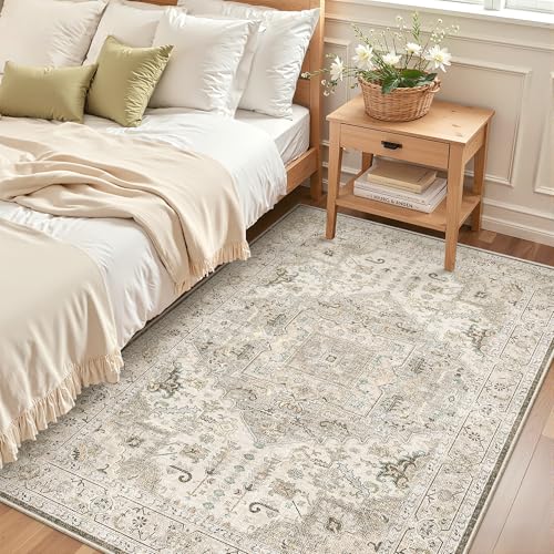 Madane Area Rug 4x6 Washable Rugs Vintage for Living Room, Ivory/Brown - color: Ivory/Brown, size: 4' x 6' (Rectangular)