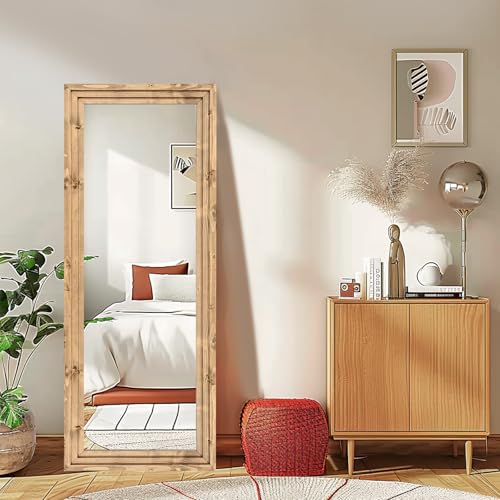58x22in Full Length Mirror, 3-Tier Stepped Solid Wood Frame - color: Light Brown, size: 58"L x 22"W