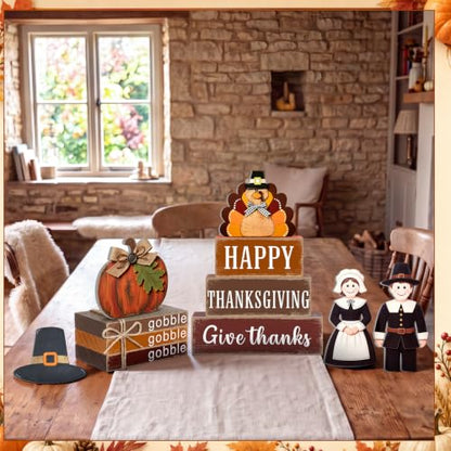 11 Pcs Fall Thanksgiving Table Decoration Farmhouse Tiered Tray Decor Wooden Turkey Pilgrim Couple Table Signs for Autumn Thanksgiving Harvest Party Home Kitchen Shelf - style: Thanksgiving