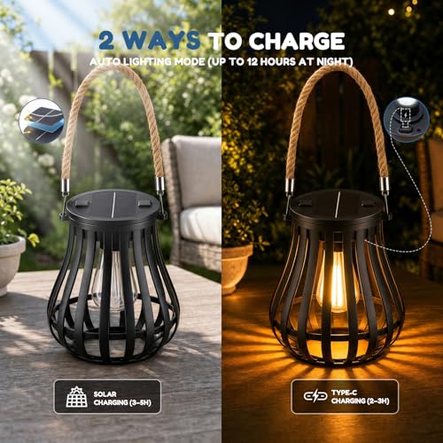 2 Pack Solar Lanterns Outdoor Waterproof - Hanging Solar Powered Lights, Adjustable Color Temperature Lanterns Lights for Garden Patio Yard Table Wall Pathway Decor, Gifts for Women Mom Family