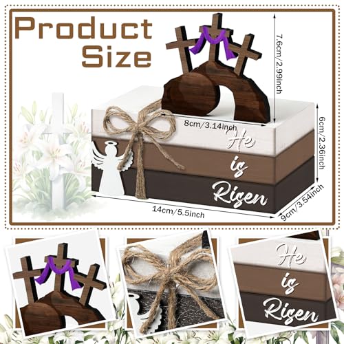 Spiareal 4 Pcs Easter Tiered Tray Decor He is Risen Wooden Sign Easter Religious Cross Christian Spring Table Centerpiece Decorative Stack Faux Book Block for Table Fireplace Mantel Floating Shelf - size: He is Risen