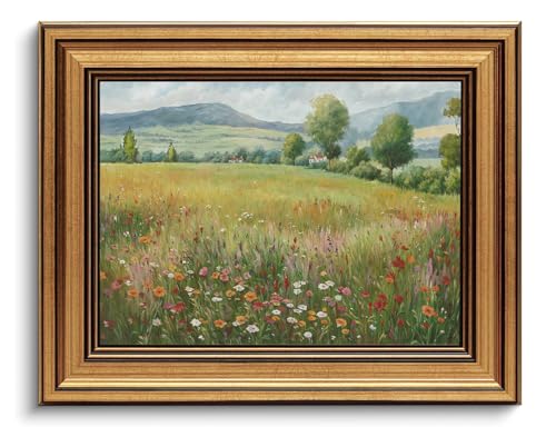 Countryside Wildflowers Vintage Gold Framed Wall Art 8x10 inch - color: 03-Meadow landscape, size: 8x10