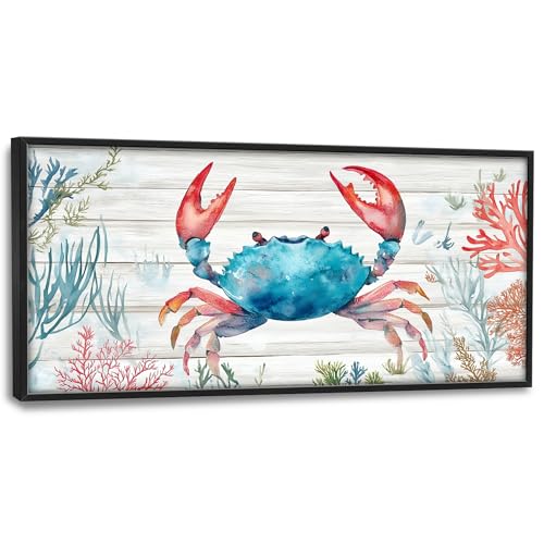 Crab with Coral Large Decor Framed Wall Art Ocean Pictures for Living Room, Nautical Oversized Canvas Print Painting Modern Extra Large Framed Artwork for Bedroom Office Home Decor 60"x30" - color: Crab, size: 60"L x 30"W