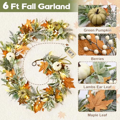 Waipfaru Fall Decor, Fall Garland for Mantle, Autumn Garland with Lights - size: 2 Pcs, 6FT