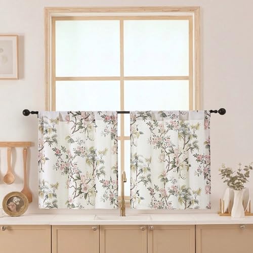 Aiyufeng Floral Tiers Curtains 24 Inch Length for Kitchen, Flower Patterned Soft Airy Light Filtering Country Style Rod Pocket Small Window Treatments Short Drapes, W30 X L24 Inch, Natural - color: Natural, size: 30"W x 24"L (Pack of 2)