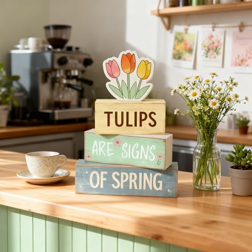 Spring Decoration Wooden Tiered Tray Decor – Tulips Spring Stacked Block Sign with Floral Accent – Farmhouse Tabletop Spring Decor for Shelf Mantel Seasonal Home Display - style: Tulips