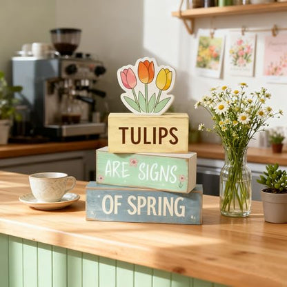 Spring Decoration Wooden Tiered Tray Decor – Tulips Spring Stacked Block Sign with Floral Accent – Farmhouse Tabletop Spring Decor for Shelf Mantel Seasonal Home Display - style: Tulips