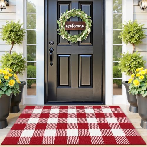 Outdoor Rugs, Red and White Area Rug Checkered 2’4’’x3’7’’ - color: Red & White, size: 2'4" x 3'7" (Rectangular)