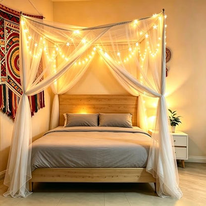 4-Opening Mosquito Net Bed Canopy with 66ft LED Lights, White - color: White+lights