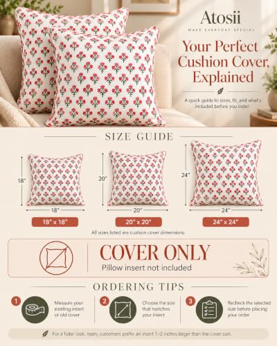 ATOSII Cotton Blockprint Throw Pillow Cover, Gulbahar Pink, 2 Pcs, 18 X 18 - color: Gulbahar, size: 18" x 18" (Pack of 2)