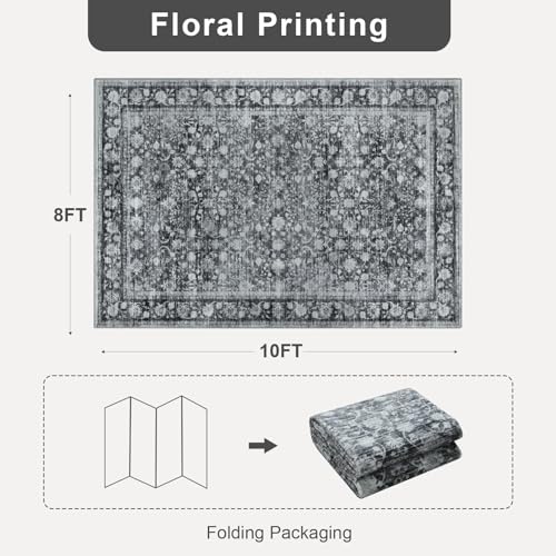 8x10 Washable Rug for Living Room, Large Vintage Indoor Area Rug Non Slip, Thin Throw Floral Floor Low Pile Carpet for Bedroom Office Nursery Dining Room Dorm Distressed Grey - color: Distressed Gray, size: 8' x 10' (Rectangular)