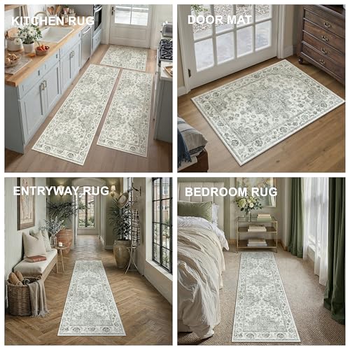 Washable Neutral Green Kitchen Runner Rug Set of 3 - color: Neutral | Green, size: 20"x32"+20"x48"+20"x59"