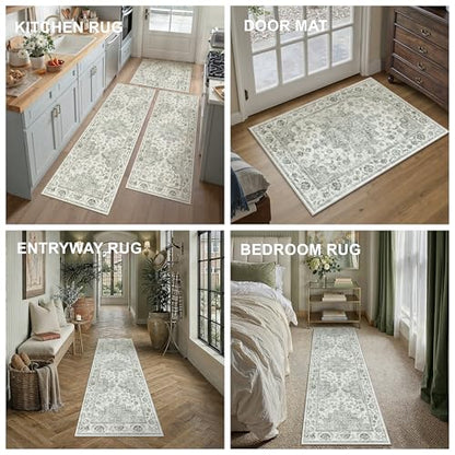 Washable Neutral Green Kitchen Runner Rug Set of 3 - color: Neutral | Green, size: 20"x32"+20"x48"+20"x59"