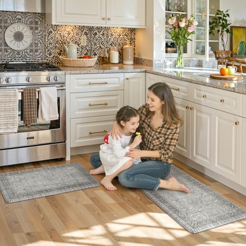 KIMODE Anti Fatigue Kitchen Mat 2PCS,Waterproof Farmhouse Kitchen Rugs Grey - color: Grey, size: 47"L x 17.3"W x 0.47"Th + 29"L x 17.3"W x 0.47"Th