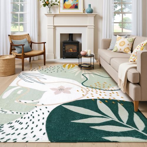 Lahome Green Machine Washable Rugs - 6x9 Rug for Living Room Non-Slip Large Boho Area Rug Lightweight Throw Non-Shed Dining Room Rug, Soft Botanical Print Floor Carpet for Bedroom Classroom Office - color: Green, size: 6' x 9' (Rectangular)
