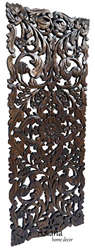 Large Carved Wood Floral Wall Panel. Tropical Asian Home Decor in Dark Brown Finish, Size 35.5"x13.5"