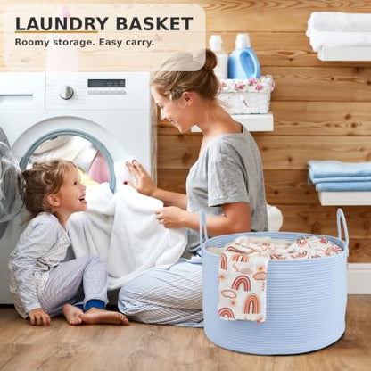 XUANGUO 66L Large Blanket Basket, Round Cotton Rope Basket, Blue - color: blue