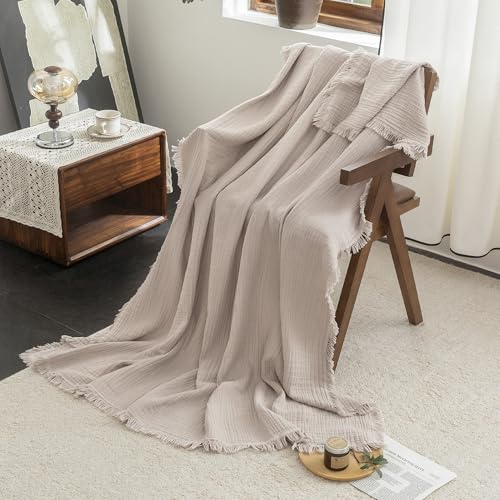 FOSSA Muslin Blanket 4-Layer 100% Cotton Gauze Blanket with Fringe 90"x90" - color: Beige Gray, size: Queen (90" × 90")