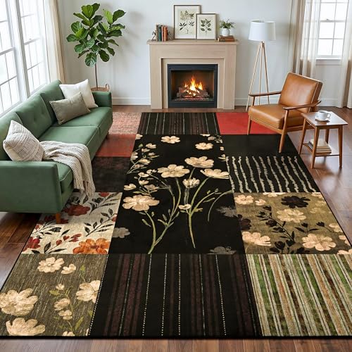 4'x6' Colorful Geometric Patchwork Floral Area Rug - color: Black, size: 4' x 6' (Rectangular)