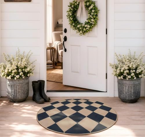 Lahome Checkered Easy Jute Round Rug 3ft, Outdoor Entryway Rug Washable - color: Black/Checkerboard -2, size: 3' Round