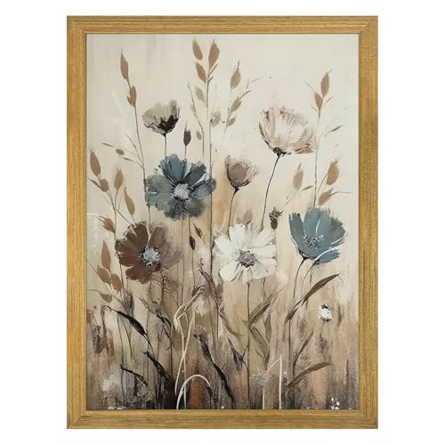 Yaneiro Wood Framed Vintage Wildflower Wall Art, Boho Canvas Wall Decor Paintings, Sage Flower Bathroom Decor, Countryside Farmhouse Landscape Posters Print for Bedroom Hallway Living Room 8x10 Inch - color: Gray Wildflowers, size: 10"L x 8"W