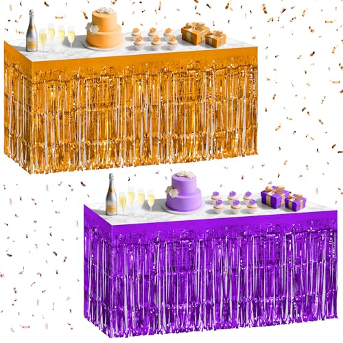 2 Pack Dark Purple Orange Table Skirts, 29x108" Metallic Foil Tinsel Fringe Table Skirt for Rectangle Tables Streamer Curtains Backdrop, Party Decorations for Birthdays, Weddings, Holidays - color: Dark Purple Orange