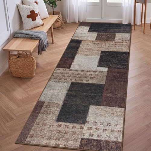 Modern Outdoor Patio Runner Rug, Geometric Patchwork Kitchen Runner, Brown - color: Brown, size: 2x6ft