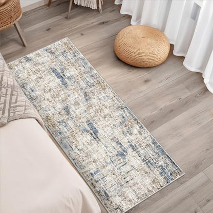 2x5 Non-Slip Washable Runner Rug – Modern Neutral Abstract Small Rug for Hallway, Kitchen, Bathroom, Bedroom, Entryway, Laundry Room – Thin Soft Low-Pile Rubber Backing（Blue Brown） - color: Blue/Brown, size: 2' x 5' (Rectangular)