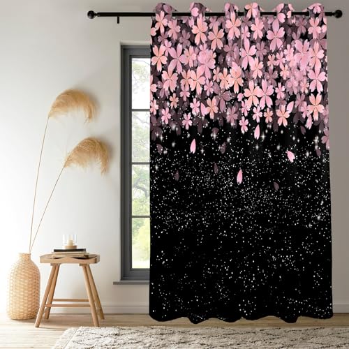 Pink Cherry Blossom Blackout Curtains for Bedroom 2 Panels 45" L x 29" W - color: Black & Pink, size: 29"W x 45"L (Pack of 2)