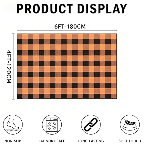 MUBIN Fall Decor Cotton Buffalo Plaid Rug, 4' x 6' Orange Black Outdoor Rug Decorative Mat, Washable Large Halloween Doormat Foldable Area Rug for Outdoor Patio Indoor Living Room Dining Room Kitchen - color: Orange Black Plaid, size: 4' x 6' (Rectangular