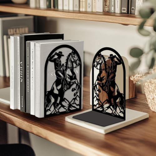 Peacoblue 5.3"x4.3"x7.9" Metal Bookends, Heavy Duty Book Ends for Shelves - style: Cowboy Horse Riding